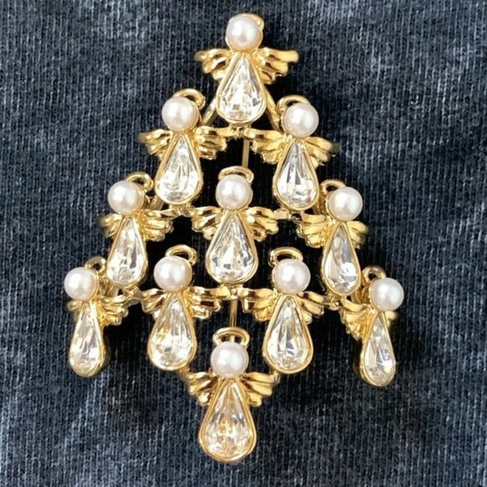 Designer Faux Diamond Pearl  Angel Christmas Tree Brooch by Avon